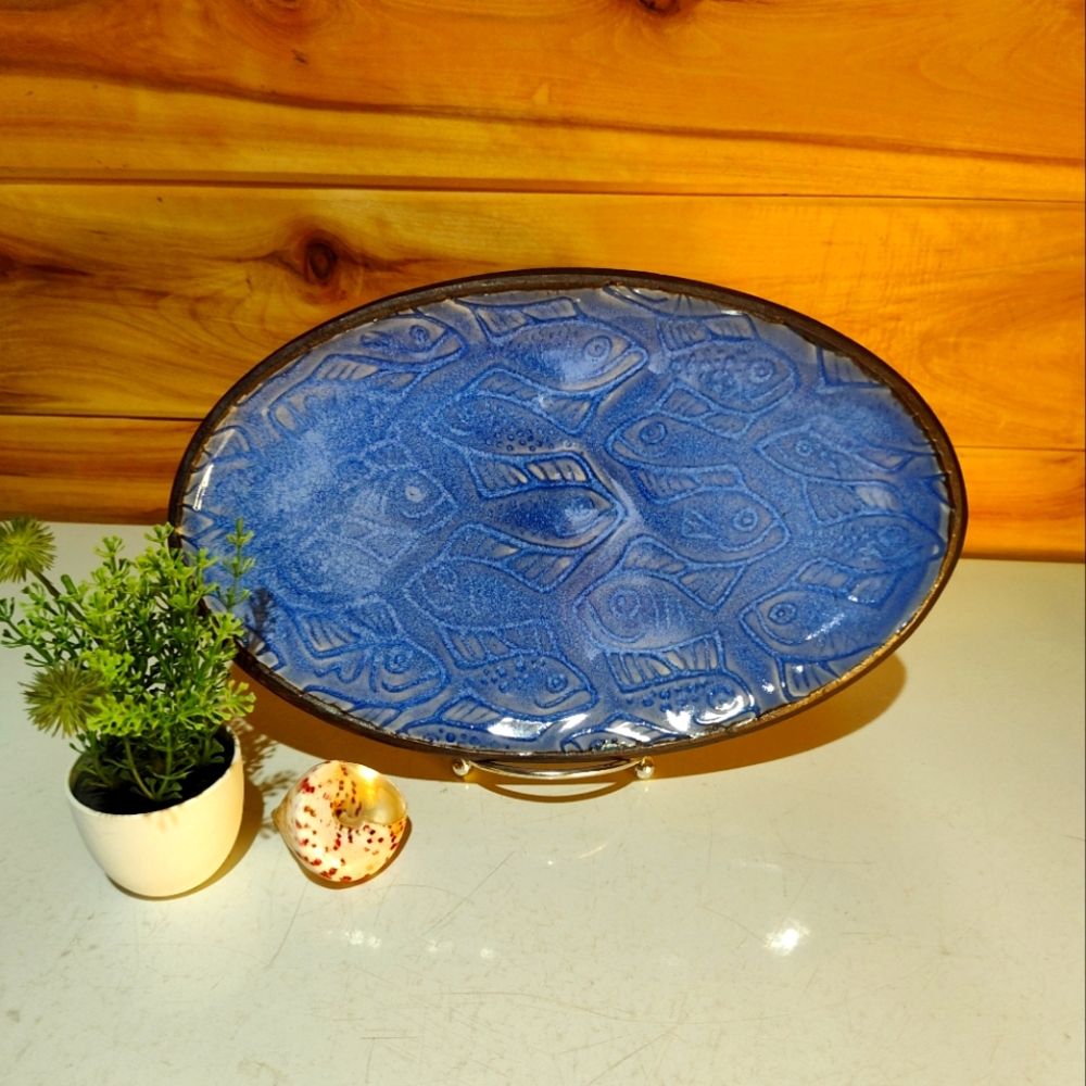 Artisan Made Cobalt Blue Fish Pottery Platter Beach Hawaii